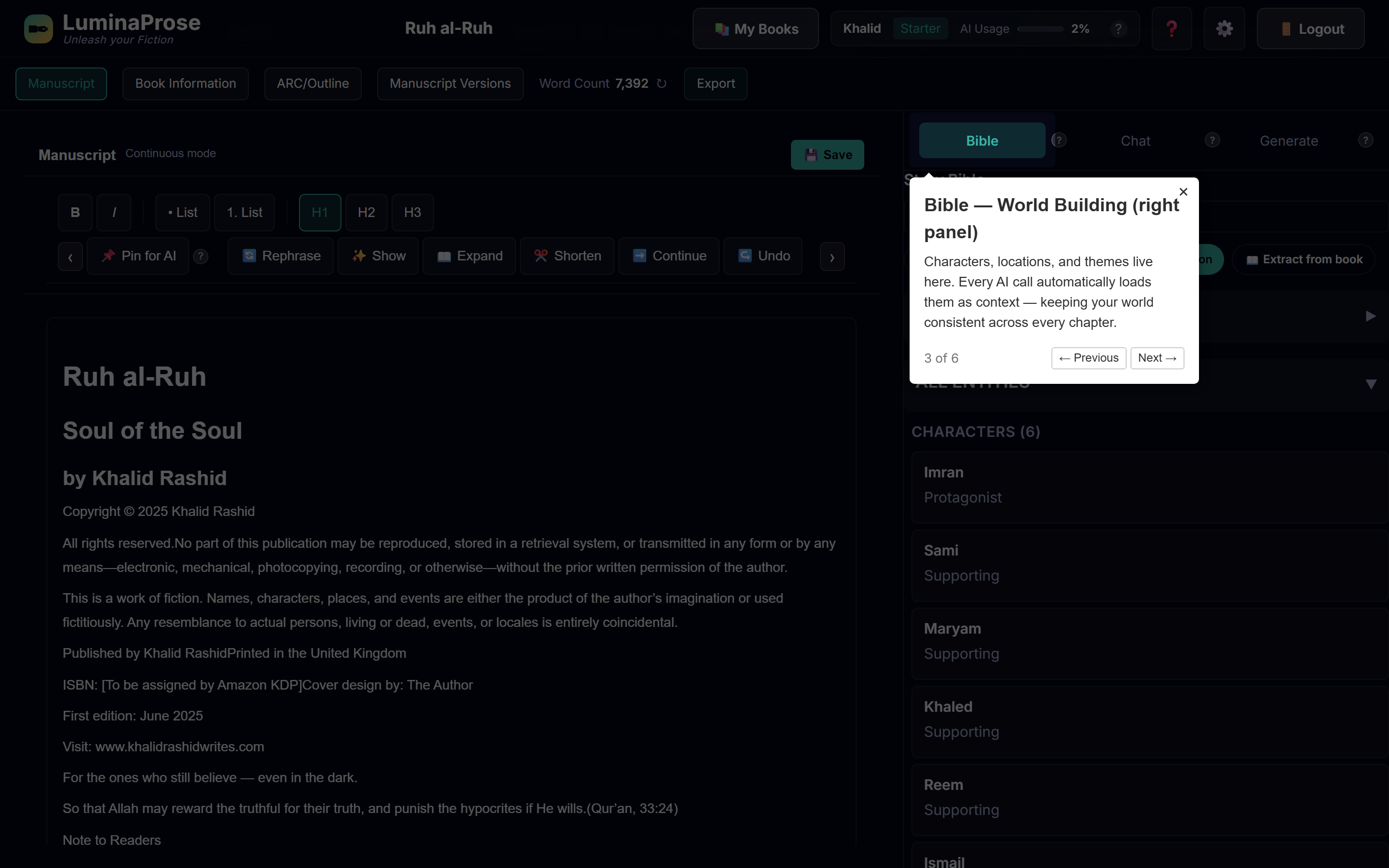 LuminaProse writer interface — step 3